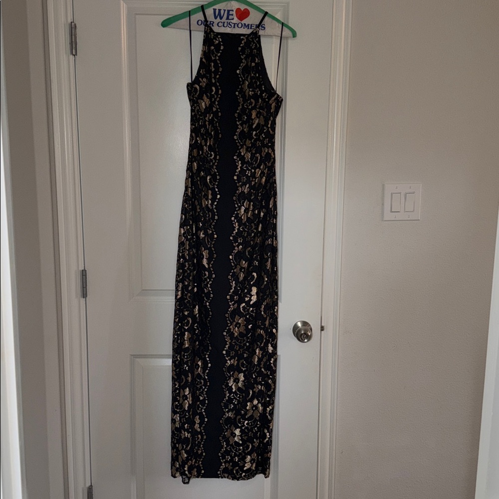 Like New!  Belle Badgley Mischka Black Evening Dress with Gold Lace Detail